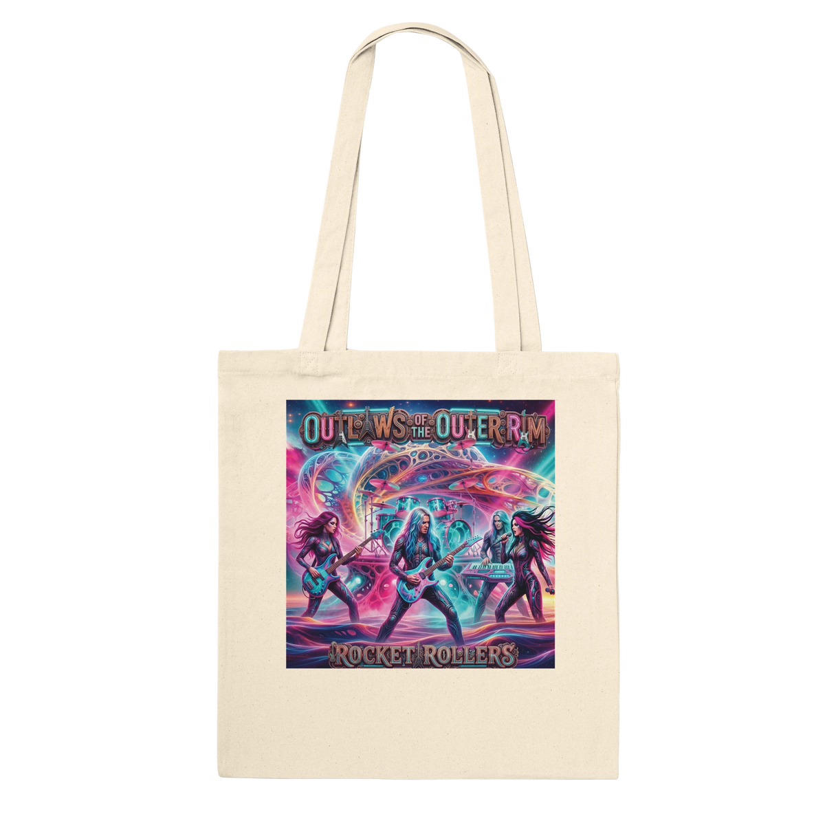 Ride into the galaxy with the Rocket Rollers Outlaws Of The Outer Rim Premium Tote Bag