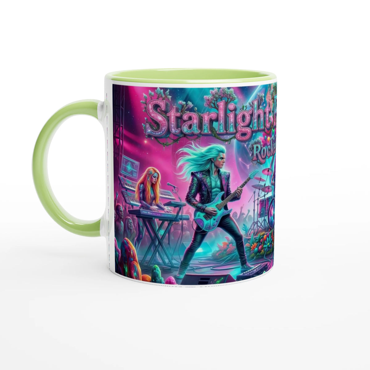 Rocket Rollers Starlight Pulse Melody 11oz Ceramic Mug. Glossy white on the outside with a burst of color inside