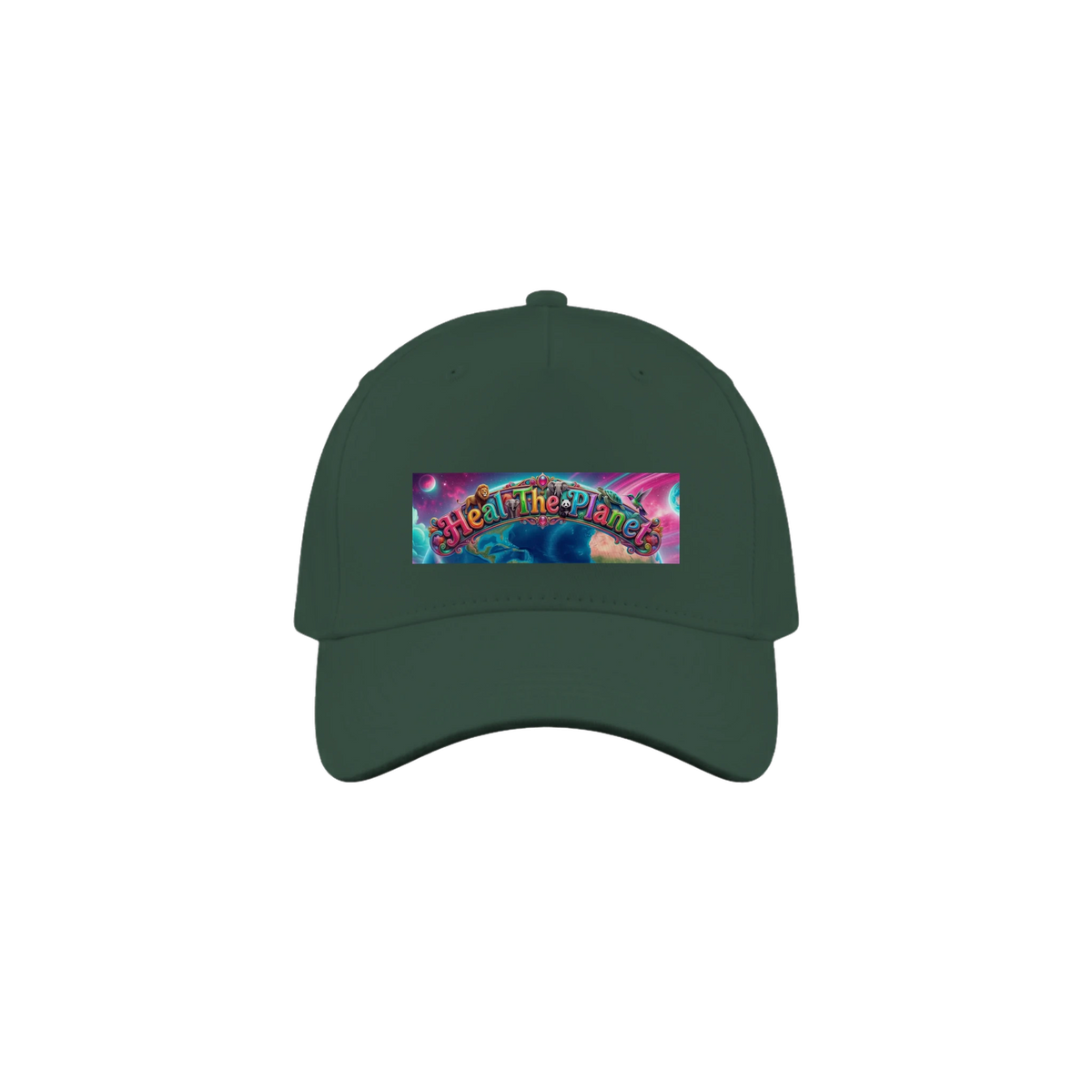 Green cap with a bright animal framed logo that reads, "Heal The Planet".