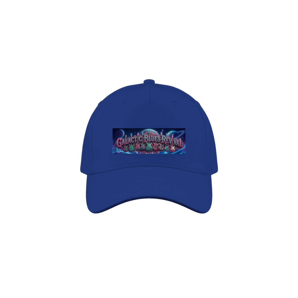 A blue baseball cap featuring a rectangular graphic patch on the front with the text 'Galactic Blues Revival' decorated with colorful guitars and a blue space-themed design, shown against planets in the  background.