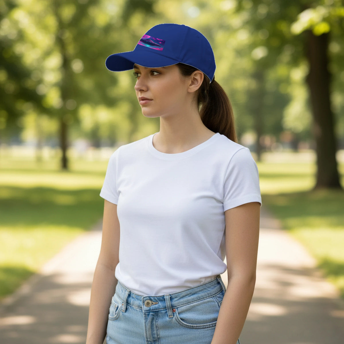 Woman wearing a blue cap and white t-shirt in a park