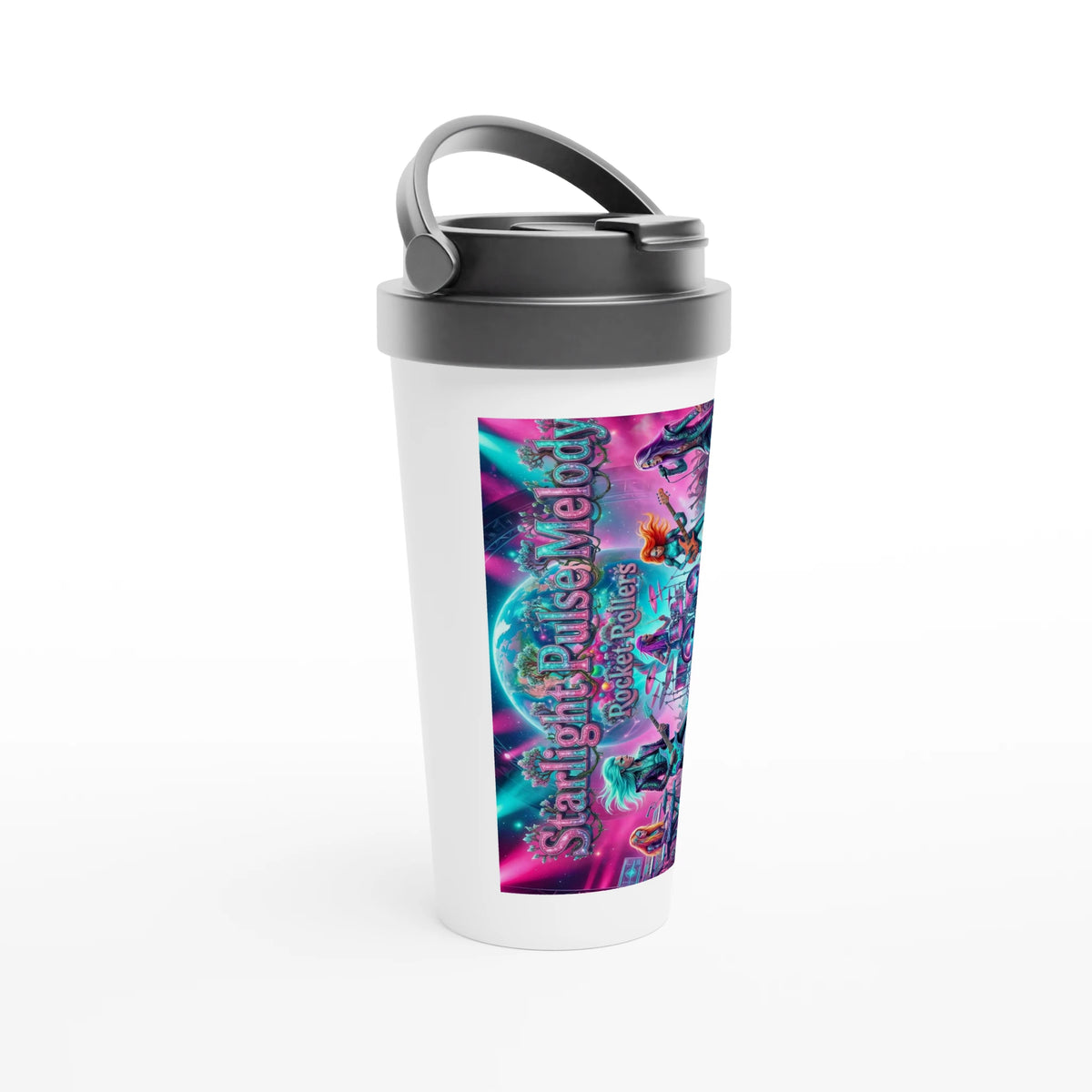 Rocket Rollers Starlight Pulse Melody album cover in a 15oz Stainless Steel Travel Mug.