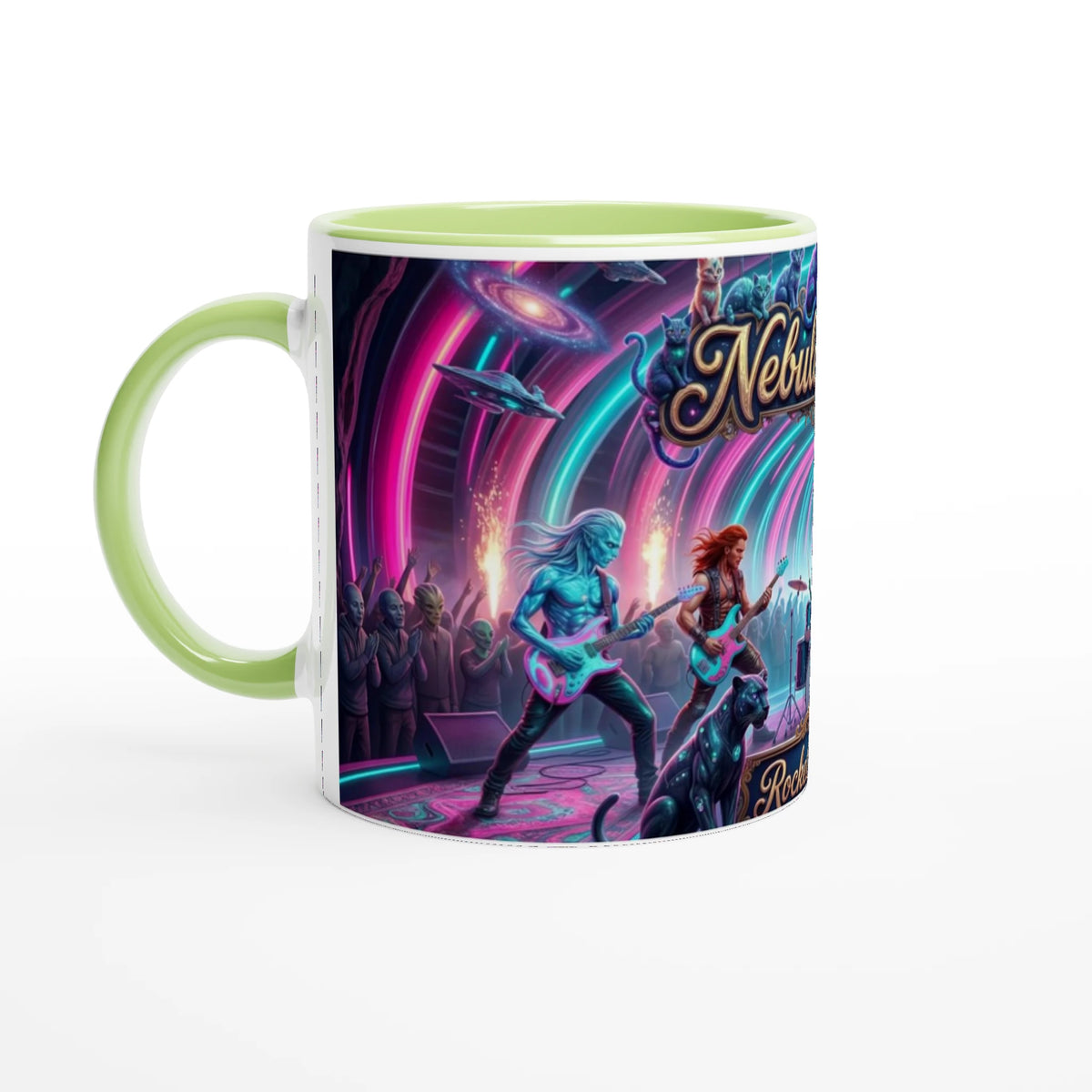 Rocket Rollers Nebula Road 11oz Ceramic Mug. Glossy white on the outside with a burst of color inside