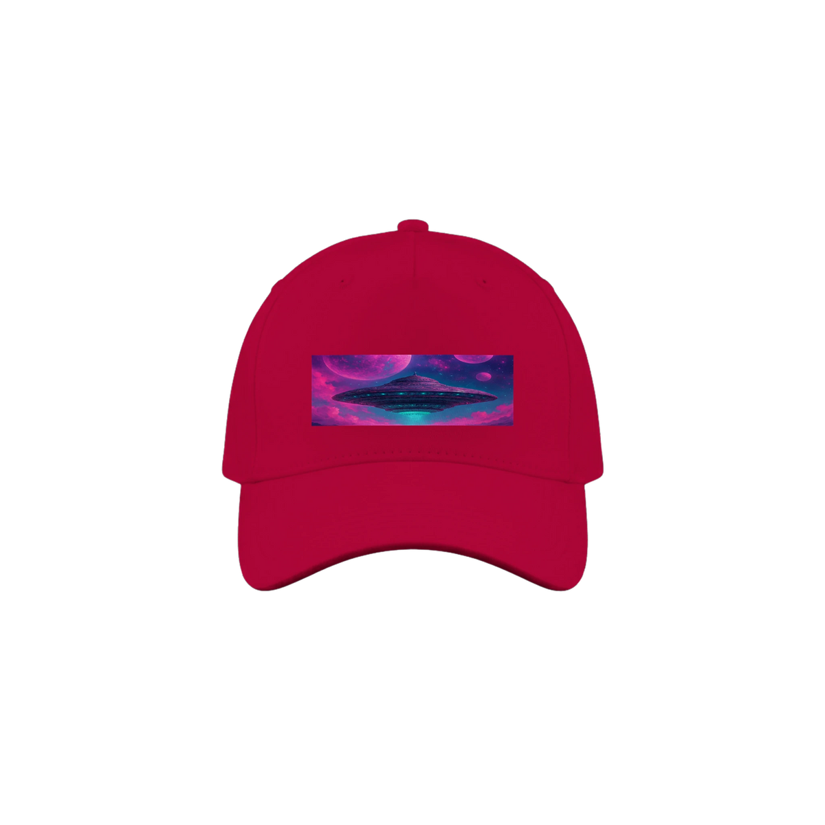 A red baseball cap featuring a rectangular front patch with a colorful graphic of a UFO in a pink and purple nebula.