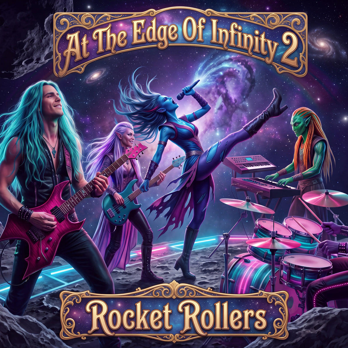 Album cover art for 'At The Edge Of Infinity 2 - Rocket Rollers' featuring a stylized rock band performing on a cosmic space background. The band consists of a teal-haired guitarist, a purple-haired bassist, a blue-skinned singer kicking her leg up, and a green-skinned drummer.