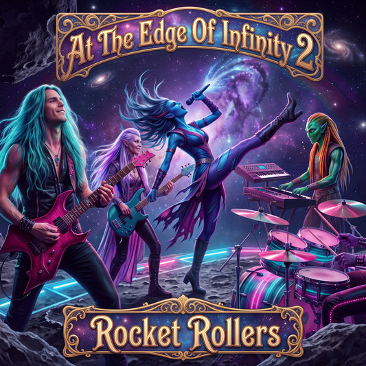 Album cover art for 'At The Edge Of Infinity 2 - Rocket Rollers' featuring a stylized rock band performing on a cosmic space background. The band consists of a teal-haired guitarist, a purple-haired bassist, a blue-skinned singer kicking her leg up, and a green-skinned drummer.