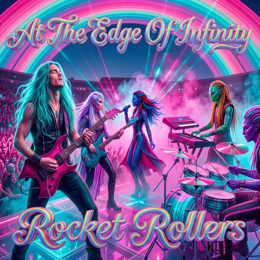 New Age art Vibrant concert poster artwork featuring a band performing live on stage under a rainbow arch. Large stylized text reads 'At The Edge Of Infinity' at the top and 'Rocket Rollers' at the bottom. Rock music slow dance song.