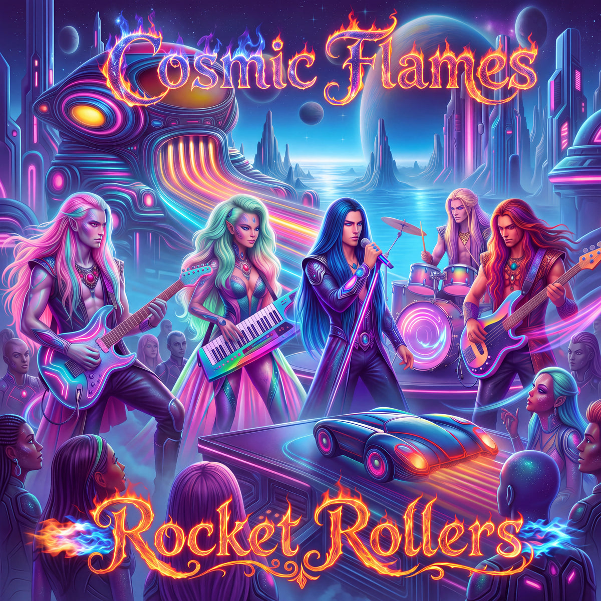 Vibrant sci-fi band poster artwork titled 'Cosmic Flames' and 'Rocket Rollers,' showing a group of colorful rock musicians performing in a neon-lit futuristic city with a car and space-themed background.