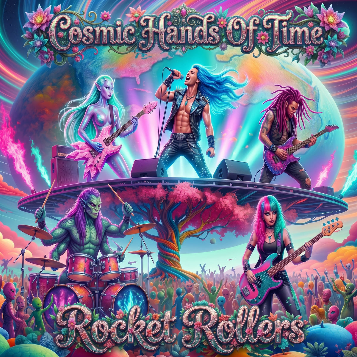 Album cover for 'Cosmic Hands of Time' by 'Rocket Rollers' featuring colorful band members and a vibrant background.