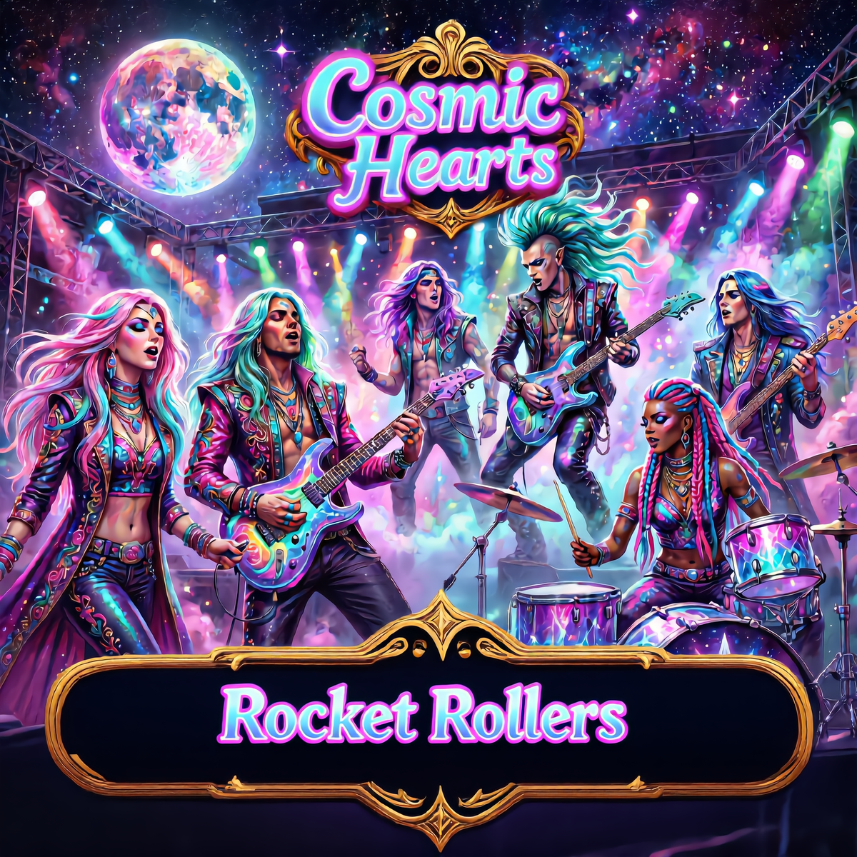 Vibrant UFO New Age album-style artwork for 'Cosmic Hearts' by Rocket Rollers, featuring a psychedelic rock band performing on stage under a starry galaxy alien sky with a large moon. The title 'Cosmic Hearts' appears at the top in glowing neon lettering, and 'Rocket Rollers' is displayed on a decorative banner at the bottom. Hot piano fast dance rock and roll music.