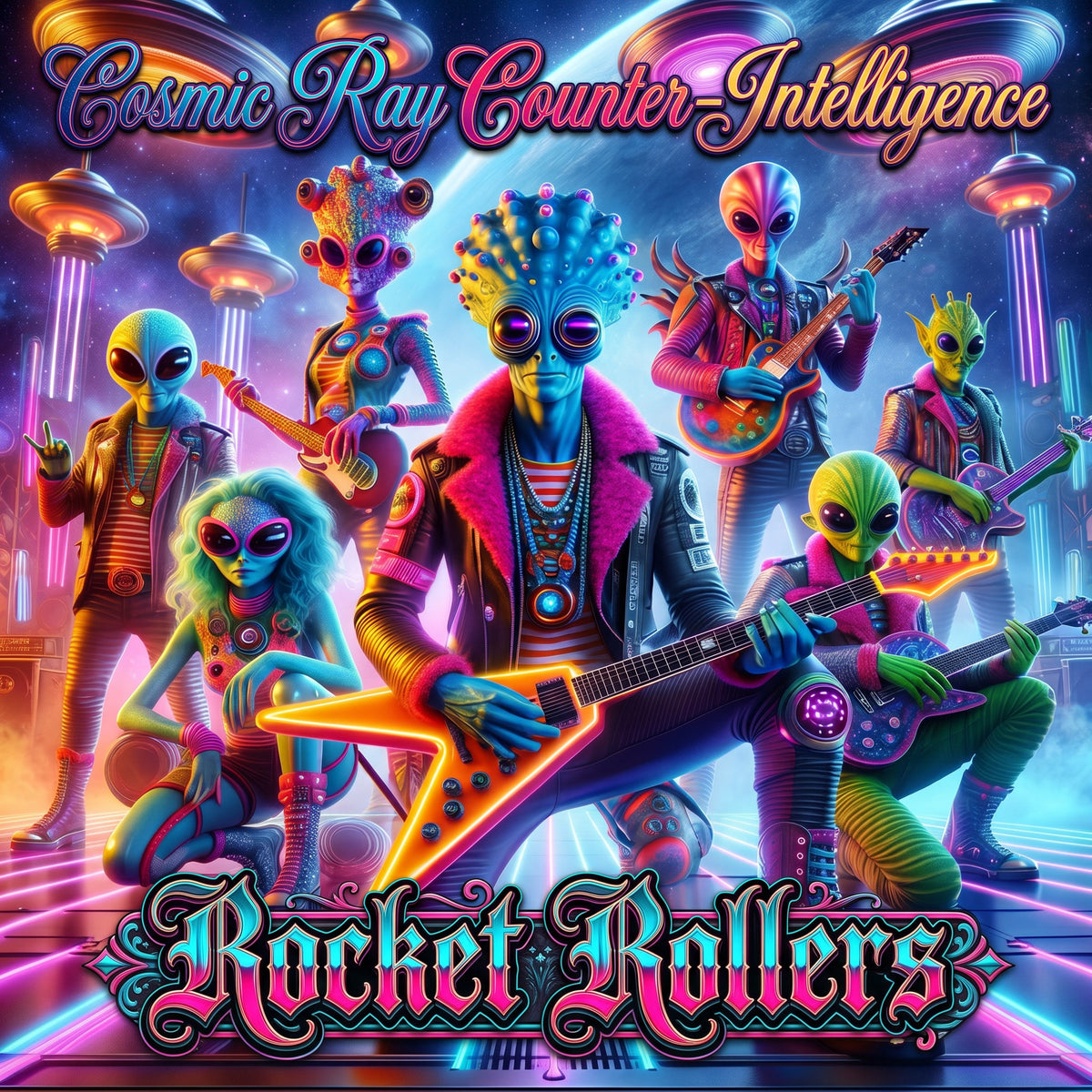 Vibrant retro-futuristic album UFO New Age-style artwork reading 'Cosmic Ray Counter-Intelligence' at the top and 'Rocket Rollers' at the bottom, featuring a group of colorful alien rock stars playing electric guitars in a neon space-themed setting. Good dance music rock and roll. New Age Blues.