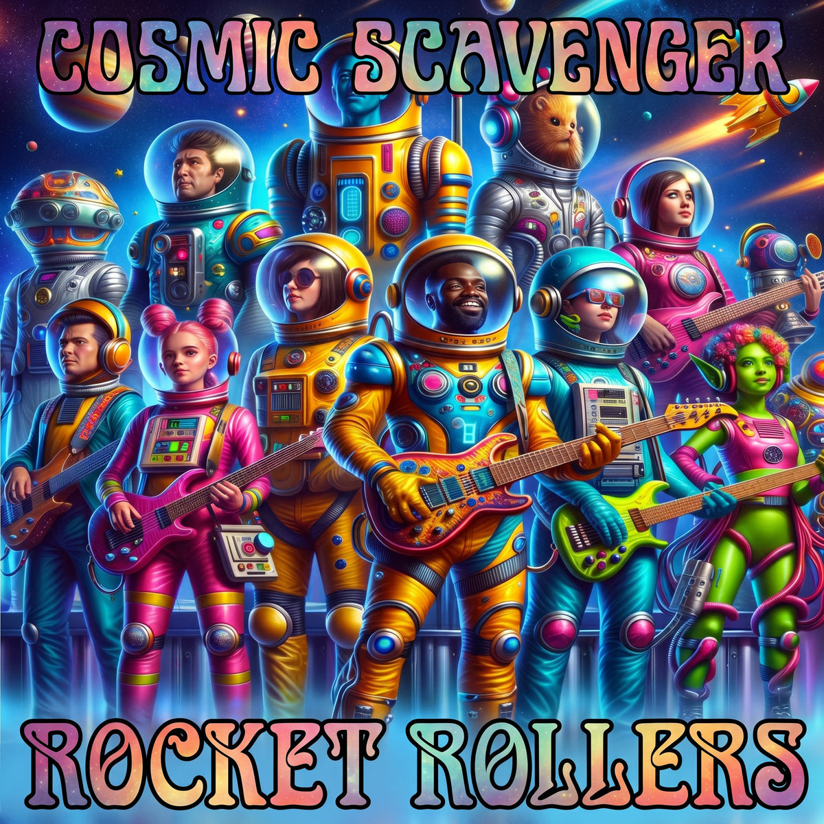 Vibrant retro-futuristic album-style artwork reading 'COSMIC SCAVENGER' at the top and 'ROCKET ROLLERS' at the bottom, featuring a group of colorful alien astronauts and musicians in space suits playing guitars and instruments. Blues with a half-time dance rhythm. New Age artwork.