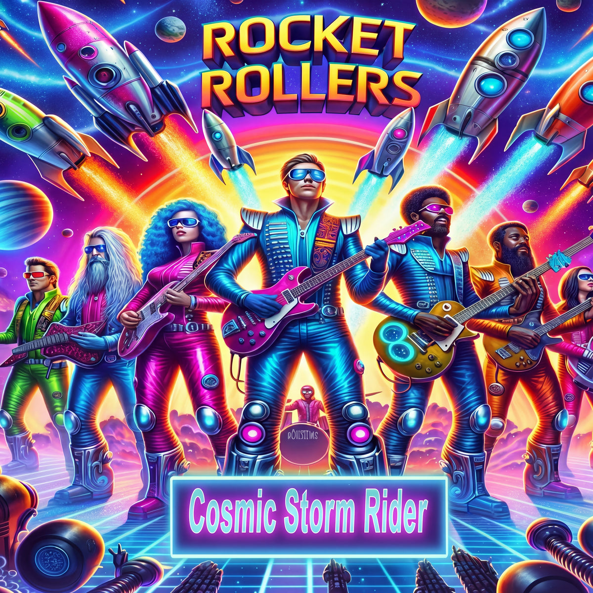 Vibrant retro-futuristic alien UFO New Age album-art style illustration with the title 'ROCKET ROLLERS' at the top and 'Cosmic Storm Rider' at the bottom. Multiple stylized band members in neon suits play electric guitars, surrounded by rockets, planets, and glowing cosmic effects. Fast dance rock and roll with a blues feel.