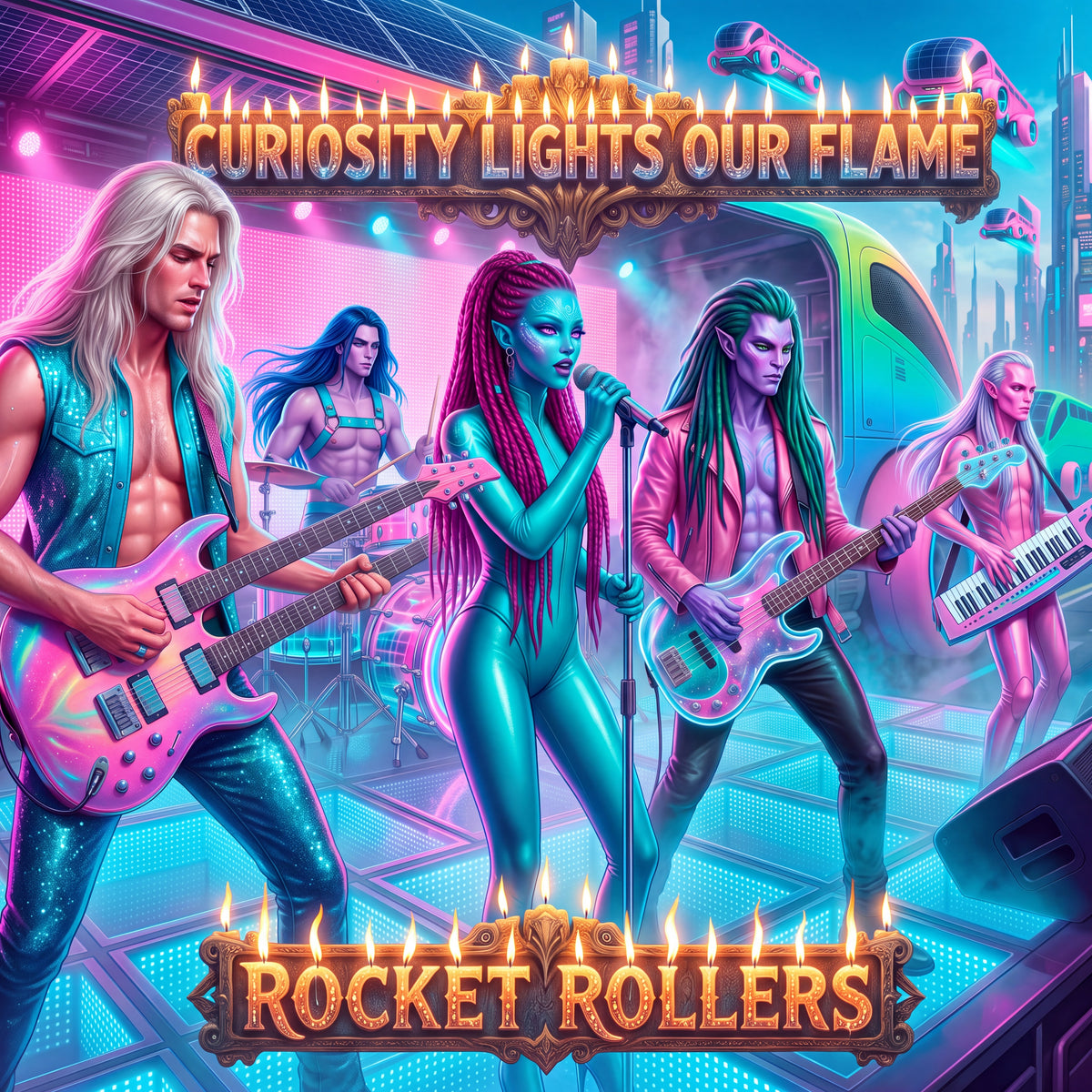 Vibrant digital album cover art for 'Curiosity Lights Our Flame - Rocket Rollers' featuring a futuristic rock band performing on a neon-lit stage with a train in the background. Great rock and roll slow dance music. New Age artwork and lyrics.