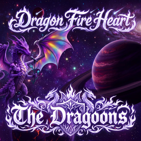 Album cover art for 'Dragon Fire Heart' by 'The Dragoons', featuring a purple dragon with rainbow wings against a cosmic space background with a ringed planet.