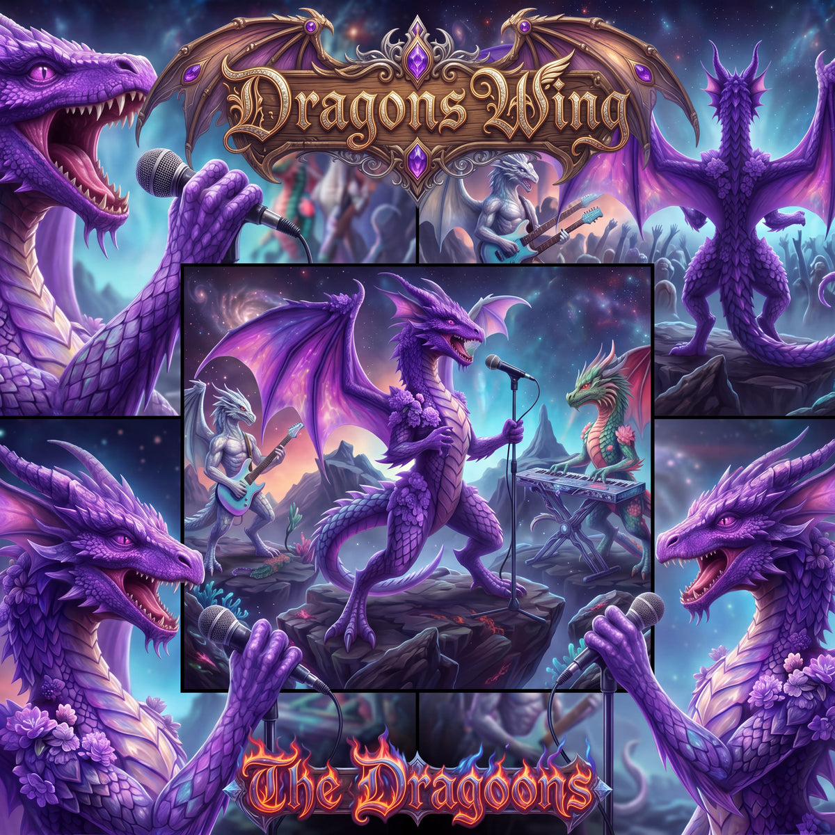Album cover art for Dragons Wing, featuring a purple dragon performing live music on stage, surrounded by collage panels of the same dragon in dramatic close-ups and playing instruments. The Dragoons music.