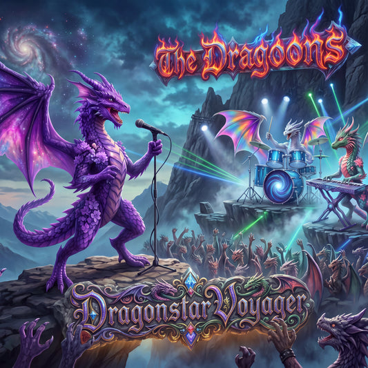 Album cover art for 'Dragonstar Voyager' by 'The Dragoons', featuring a fantasy scene of purple dragons performing live music on a rocky stage with a crowd below under a starry night sky. New Age art style and Rock and Roll music.