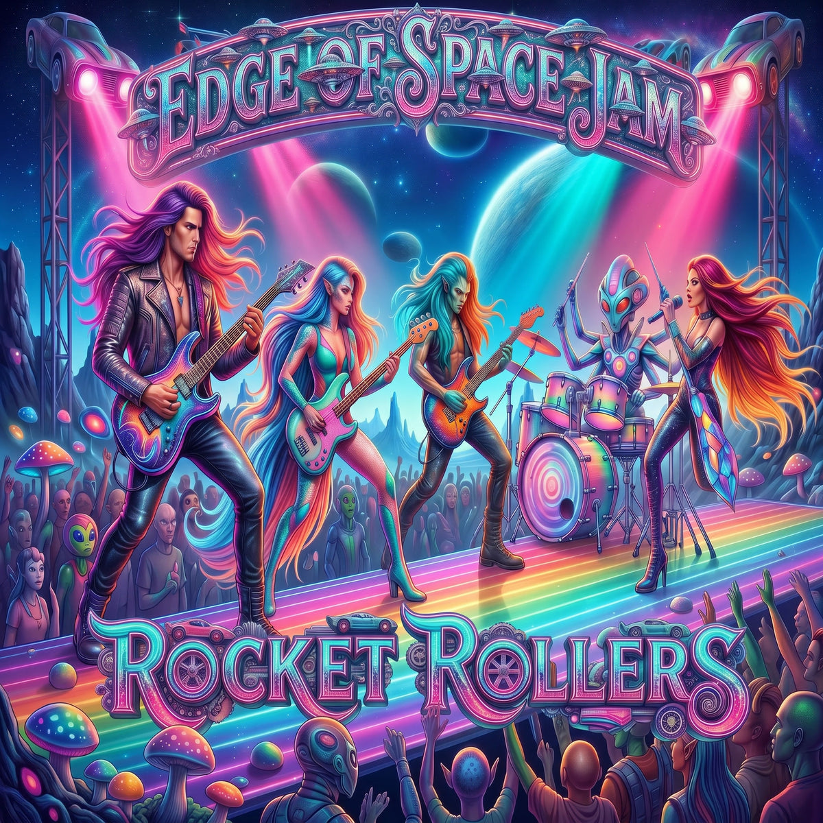 Colorful illustration of a band performing on a stage with 'Edge of Space Jam' and 'Rocket Rollers' text.