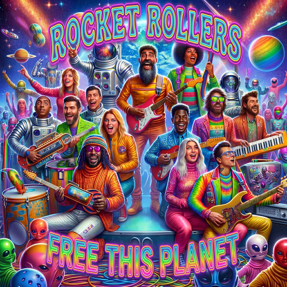 Vibrant retro-futuristic UFO alien New Age  album cover art for 'Rocket Rollers - Free This Planet', featuring a diverse group of psychedelic musicians, aliens, and robots under a starry galaxy sky. Blues and Rock and Roll music.