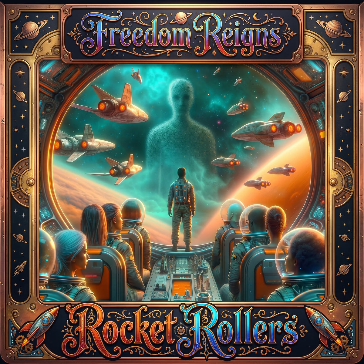 Album cover art for 'Freedom Reigns' by Rocket Rollers, featuring an alien futuristic space-themed scene with astronauts looking out a window at planets and rockets, framed by ornate gold borders and stylized title text. Slow dance blues vibe music  with UFO's and New Age artwork.