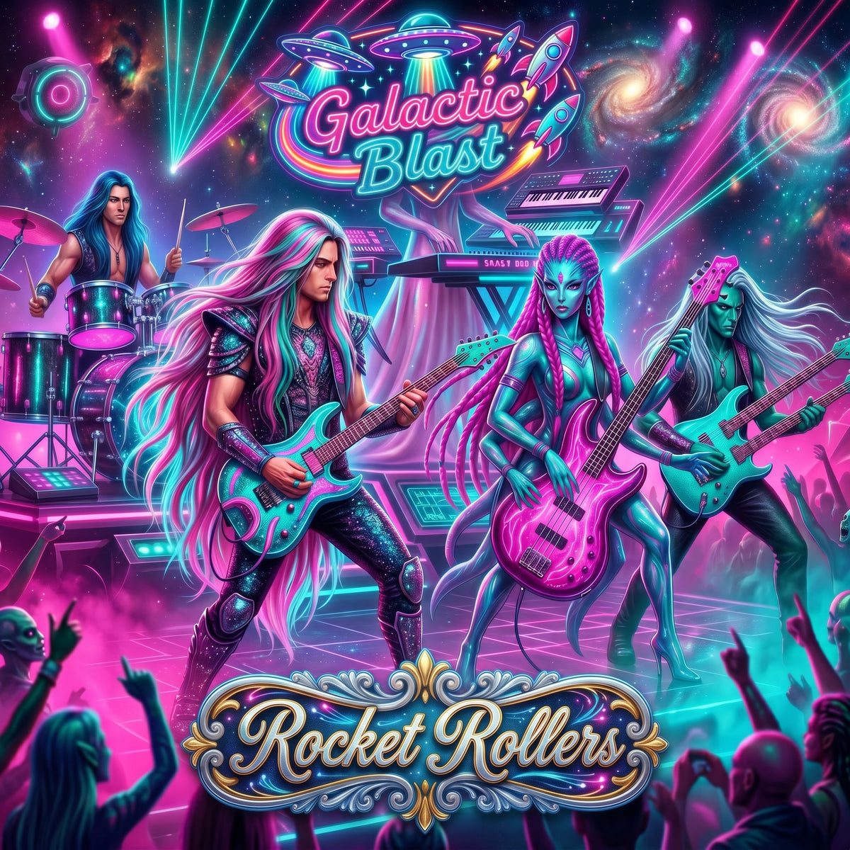 Vibrant concert-style artwork featuring alien rock band members with long pink hair playing electric guitars on a neon stage, with a drummer in the background and a crowd in the foreground. Large text reads 'Galactic Blast' at the top and 'Rocket Rollers' at the bottom. Punk feel and fun dance music for dance parties.
