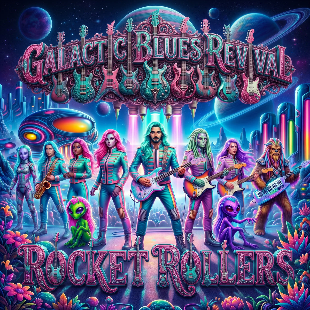 Album cover for 'Galactic Blues Revival' by Rocket Rollers with colorful characters and futuristic design.