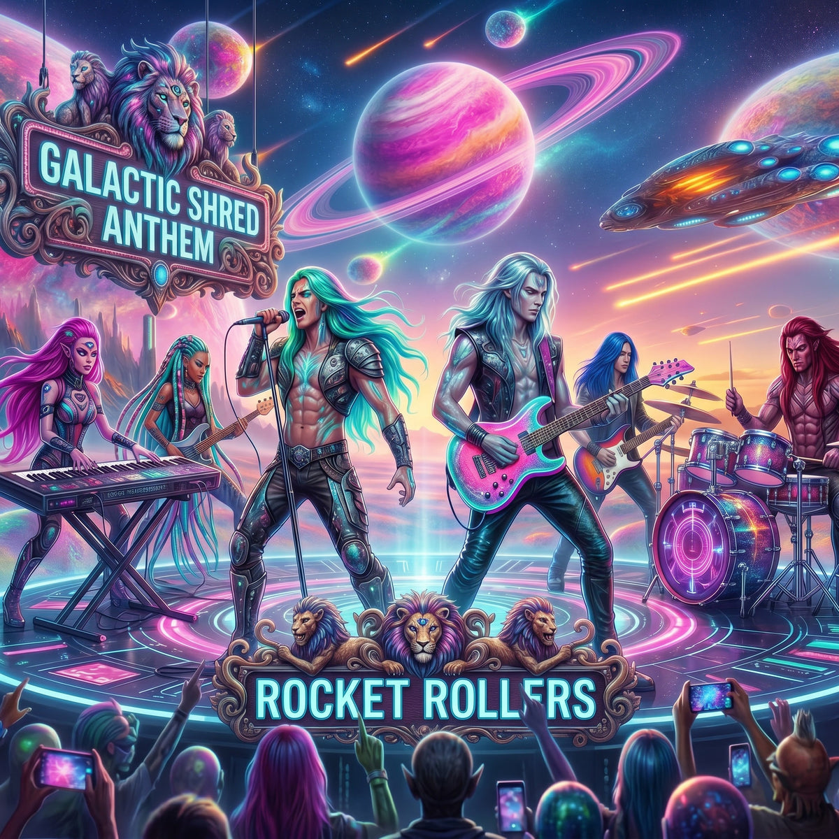 Vibrant sci-fi concert poster artwork featuring a band performing live music on a glowing stage, with planets, a UFO, lions, and crowd silhouettes in the foreground. Text banners read 'Galactic Shred Anthem' and 'Rocket Rollers'.