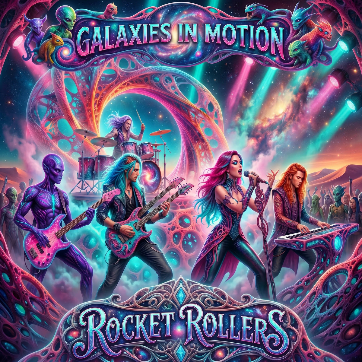 Vibrant psychedelic album cover art for 'Galaxies in Motion' by 'Rocket Rollers', featuring an alien band performing with colorful cosmic elements and alien characters. Cool slow dance music and great guitar riffs. Blues feel with a touch of New Age themes inside a stargate.