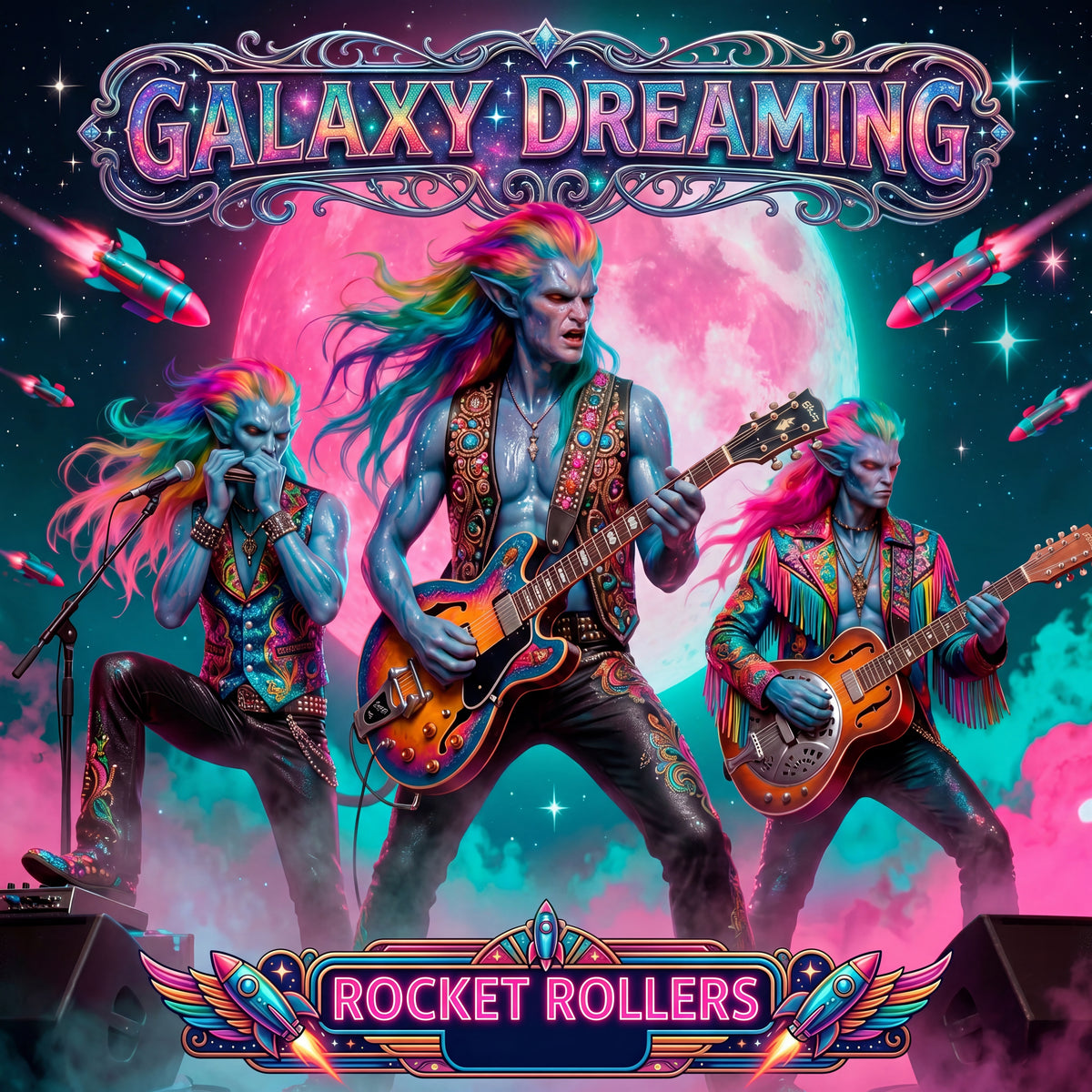 Alien UFO New Age Album cover art for 'Galaxy Dreaming - Rocket Rollers' featuring three stylized extraterrestrial band members with rainbow hair performing on stage in front of a giant pink moon, with rockets flying around and ornate title and artist text banners. Blues, rock fast dance music.