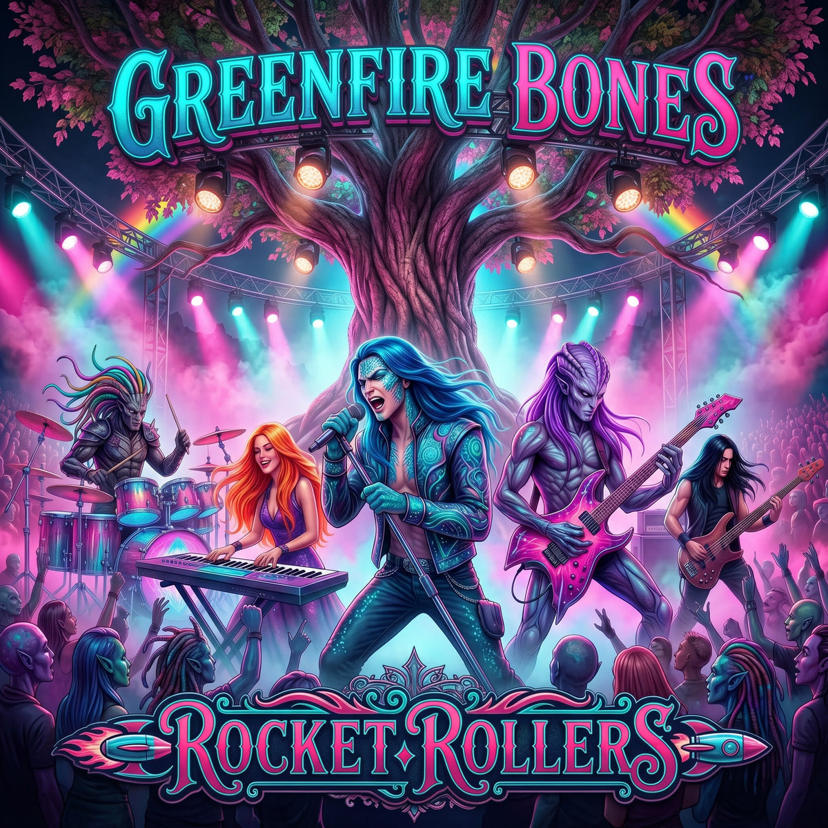 Vibrant concert poster New Age artwork for Greenfire Bones, featuring an alien band performing under a large tree with colorful stage lights and rainbow soundwave effects. The text 'GREENFIRE BONES' appears at the top and 'ROCKET ROLLERS' at the bottom in stylized pink and blue lettering. Fast dance music with a touch of Blues. Rock and Roll at it's heart.