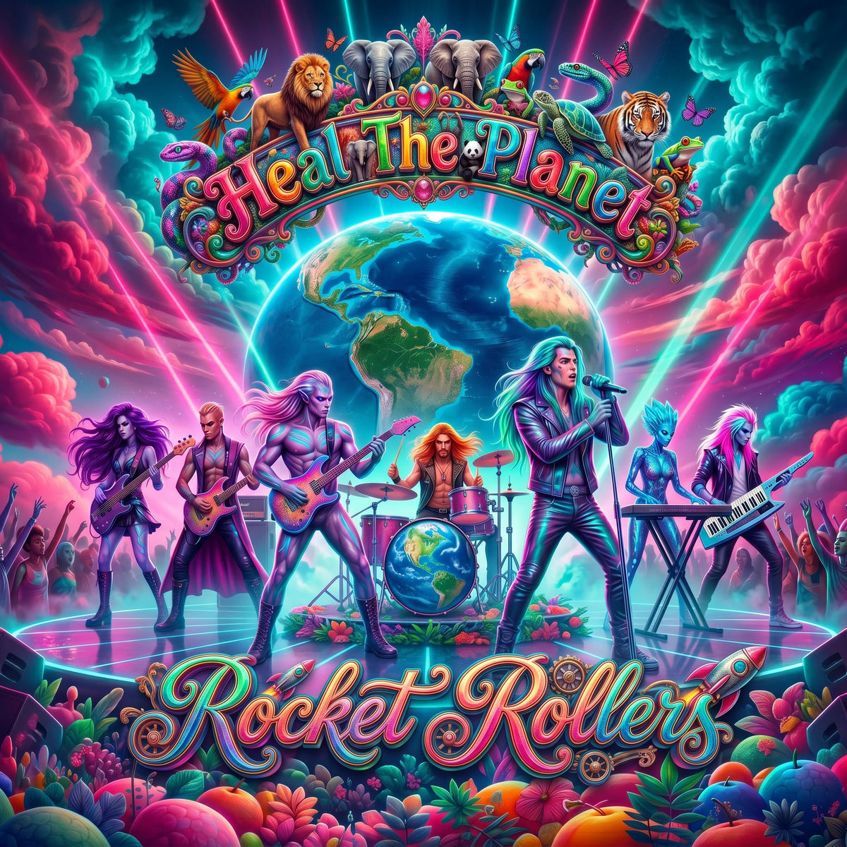 Vibrant, colorful digital illustration of an alien rock band performing on stage with a large globe in the background and the text 'Heal The Planet' and 'Rocket Rollers' in stylized lettering. Great slow dance Blues music. New Age feel in the artwork. Animals and flowers are vibrantly colorful. UFO science fiction type.
