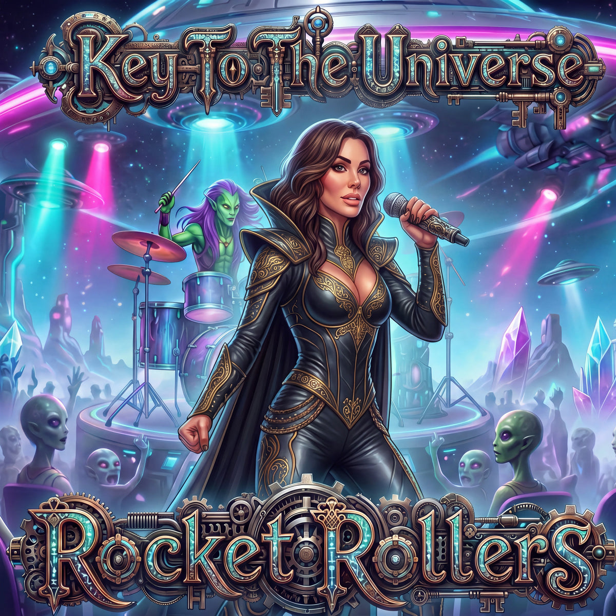 Digital album cover art for 'Key To The Universe - Rocket Rollers' featuring Cari in a black and gold bodysuit holding a microphone, with a futuristic sci-fi city, aliens, and a green-haired drummer in the background under purple and blue stage lights. Great dance song.