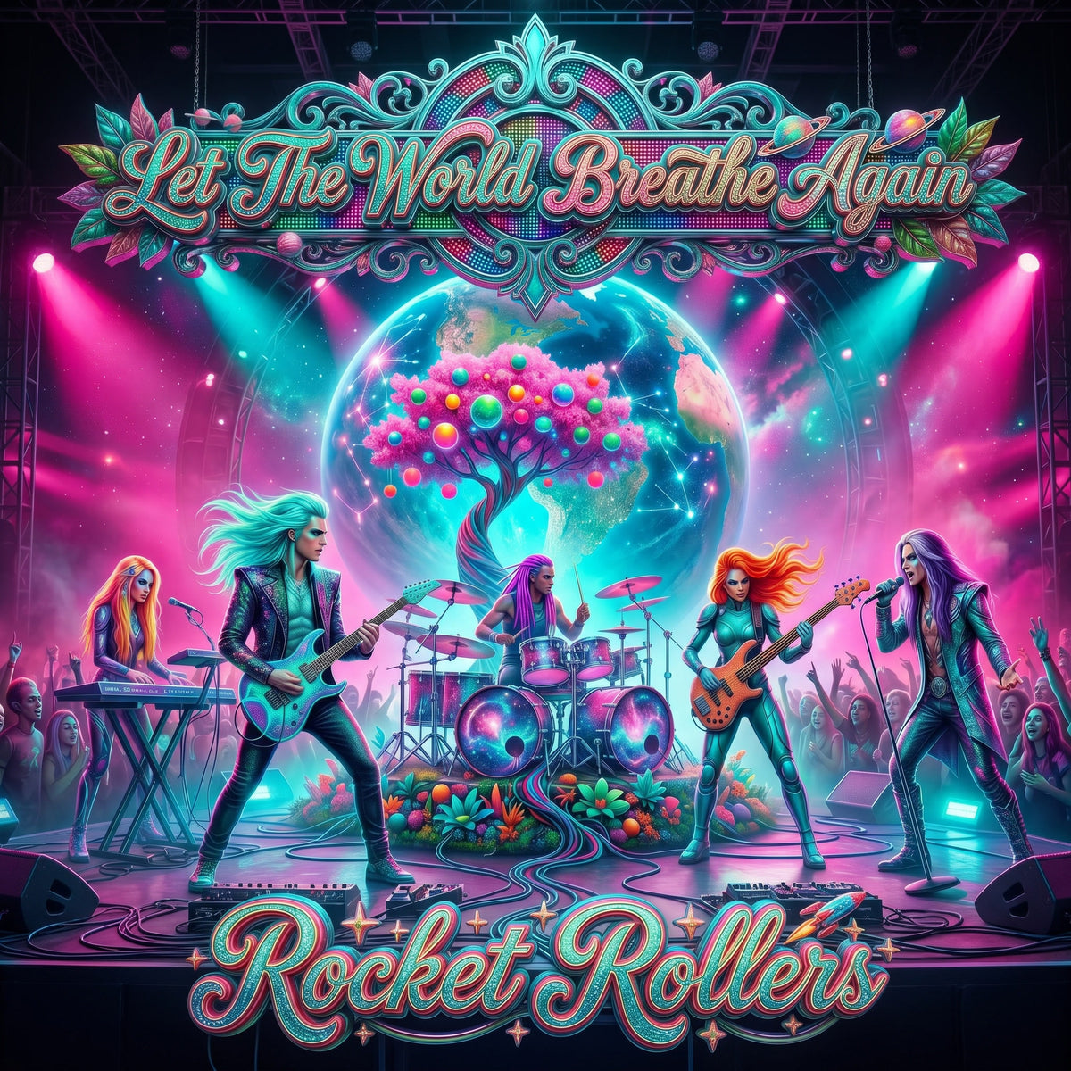 Vibrant concert poster artwork featuring an alien rock band performing on stage with colorful stage lights, a glowing tree, and the text 'Let The World Breathe Again' and 'Rocket Rollers'. Great slow dance music with fast dance segments. UFO feel with a touch of Blues and New Age artwork.