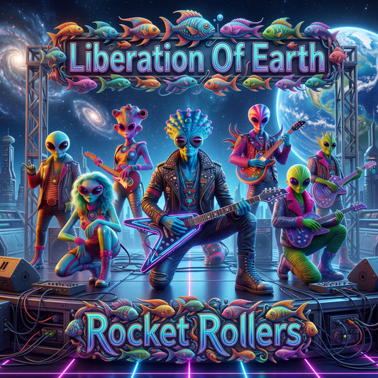 Vibrant retro-futuristic album cover New Age art featuring a band of colorful alien musicians performing on stage, with the text 'Liberation Of Earth' at the top and 'Rocket Rollers' at the bottom.