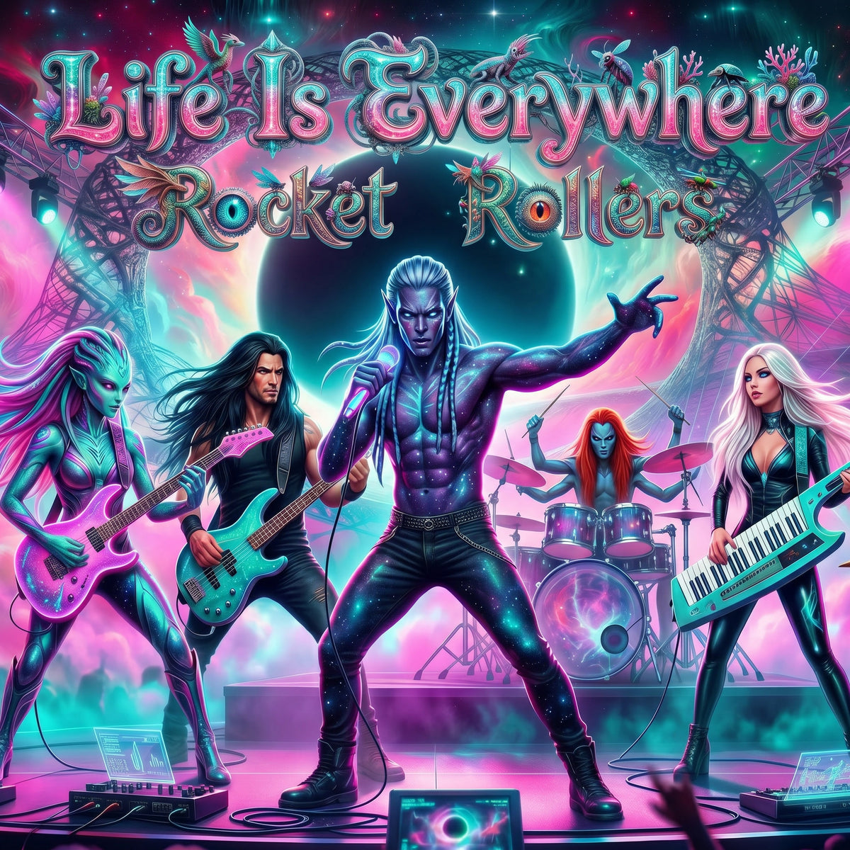Band performing on stage with colorful background and 'Life Is Everywhere Rocket Rollers' text
