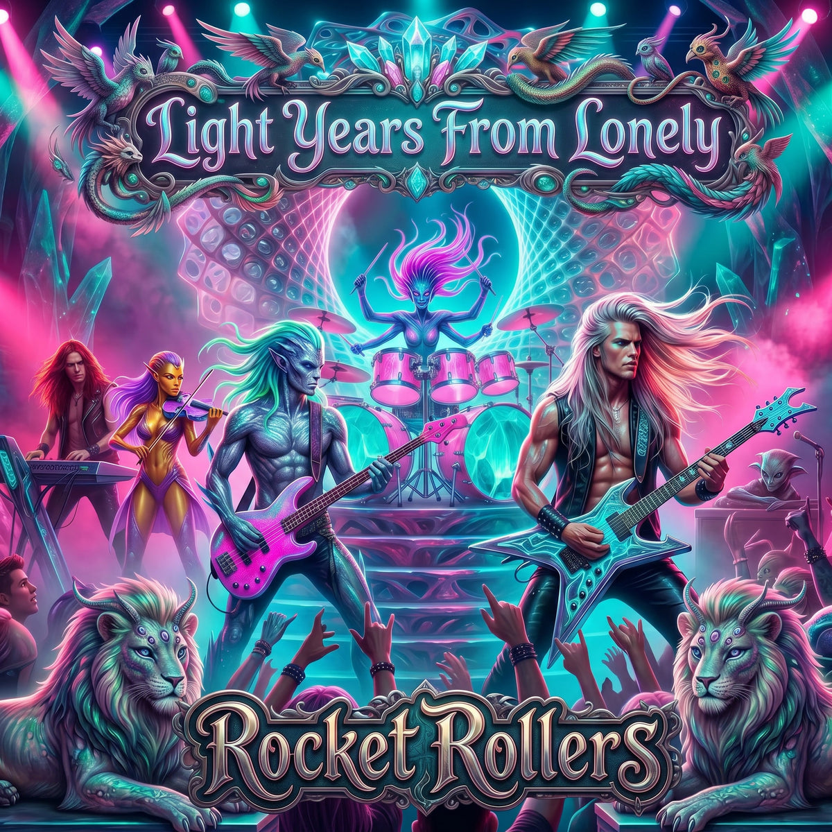Album cover for 'Light Years From Lonely' by Rocket Rollers featuring musicians and fantasy elements. Slow dance love song. UFO feel with alien musicians and New Age Music with rock and roll. The alien lions are awesome.