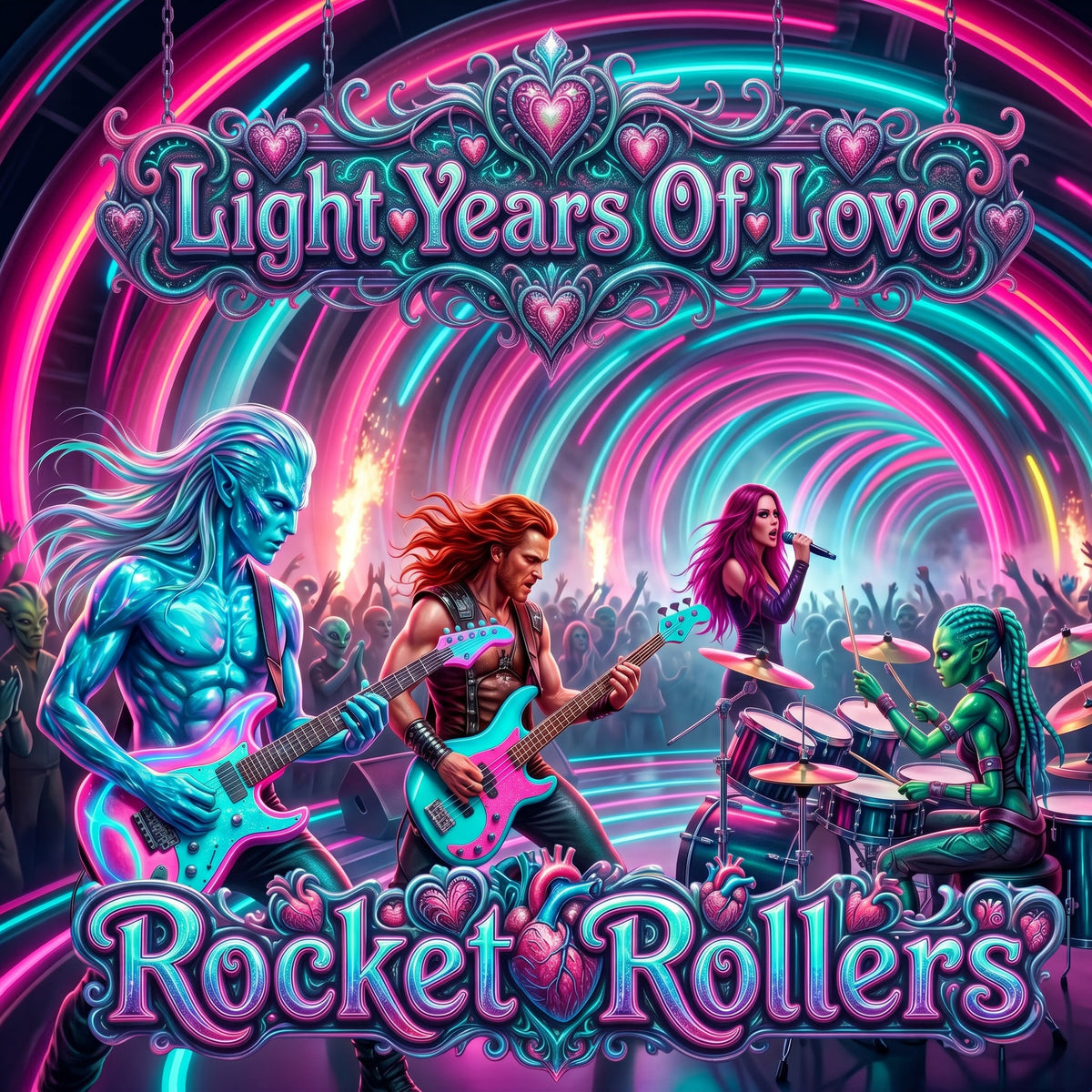 Illustration of a band performing with vibrant colors and text 'Light Years Of Love Rocket Rollers' above.
