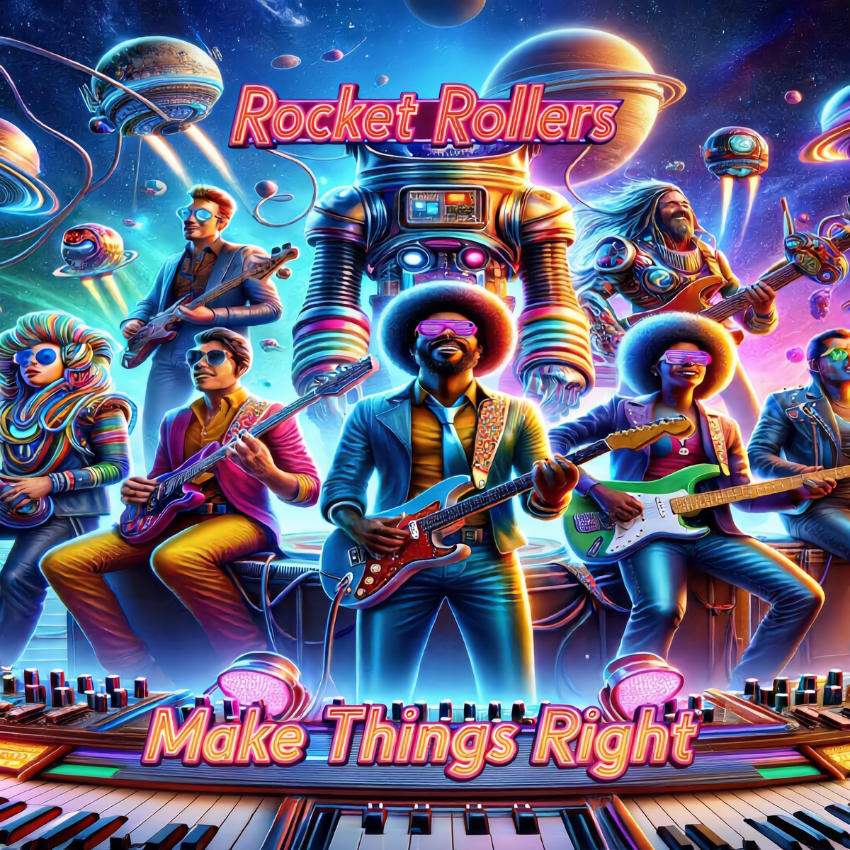Vibrant UFO New Age retro-futuristic album cover art for 'Rocket Rollers - Make Things Right', featuring a colorful group of psychedelic rock band members playing guitars and keyboards, with a giant robot and planets in a starry space background. Blues, soul driven rock and roll music.