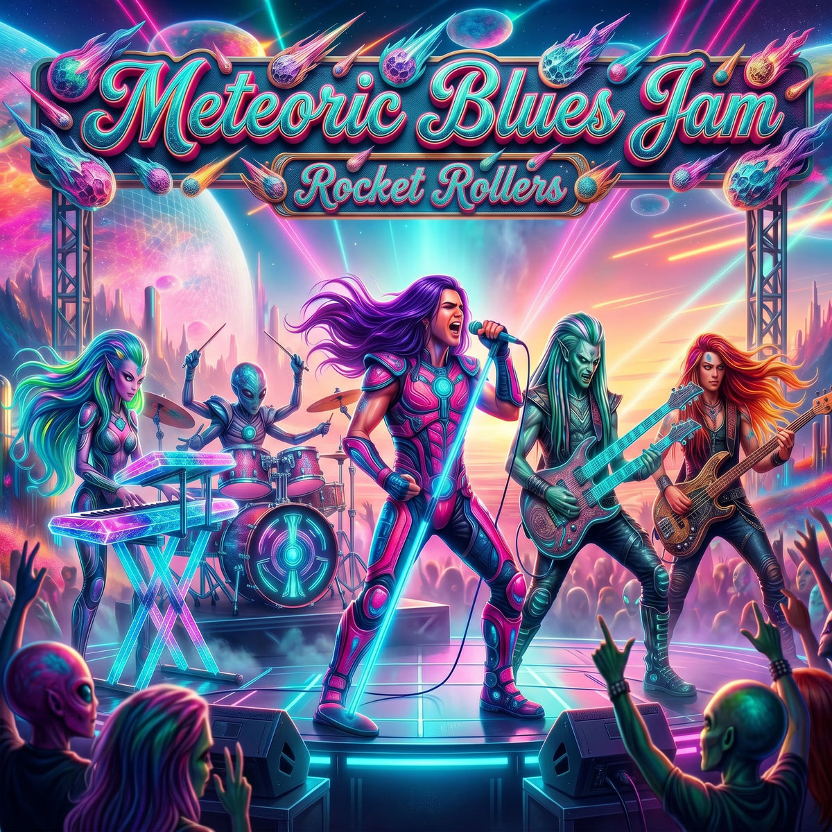 Illustration of a futuristic band performing on stage with vibrant colors and text 'Meteoric Blues Jam Rocket Rollers'.