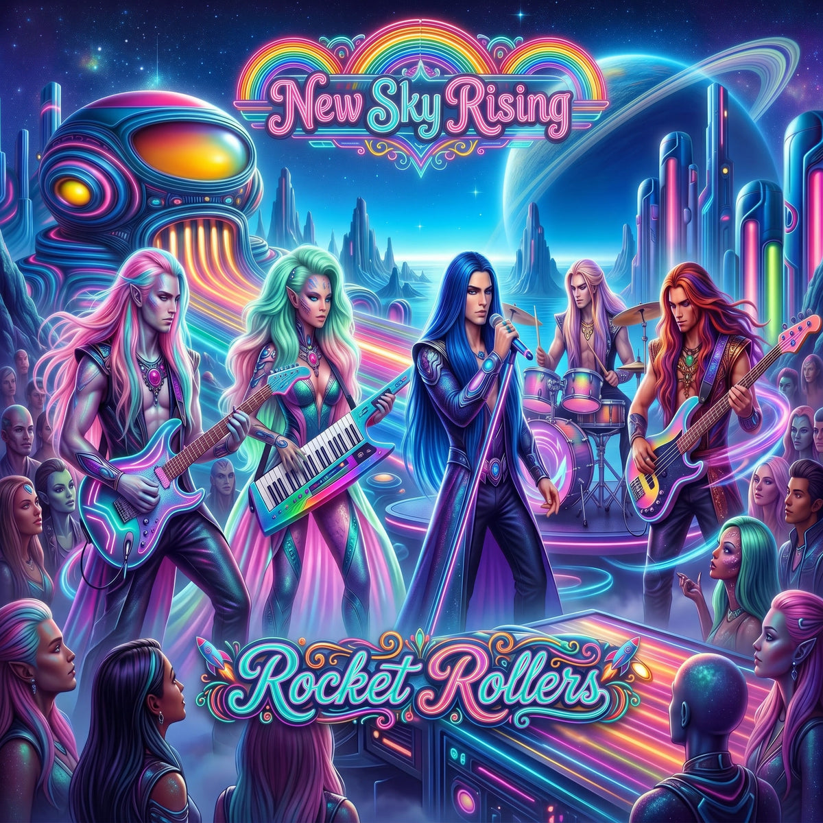 Vibrant neon cyberpunk album cover art for 'New Sky Rising / Rocket Rollers' featuring alien musicians performing live music in a futuristic city, surrounded by an alien audience under a starry sky with a rainbow and heart graphic. Great slow dance half-time rock and roll music with a touch of New Age and some Blues.