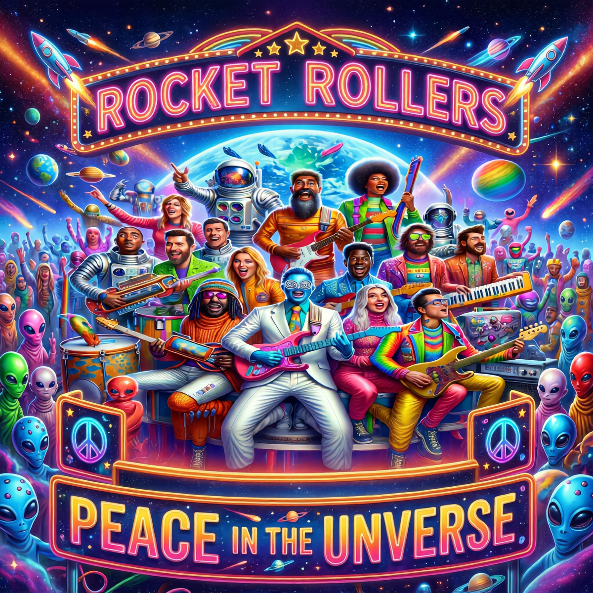 A vibrant, psychedelic alien group portrait with the text 'ROCKET ROLLERS' at the top and 'PEACE IN THE UNIVERSE' at the bottom. The scene shows a diverse group of people, musicians, aliens, robots, planets, and stars in bright neon colors against a starry space background. Intermittent slow and fast dance rhythms. Ufo art on the album cover.