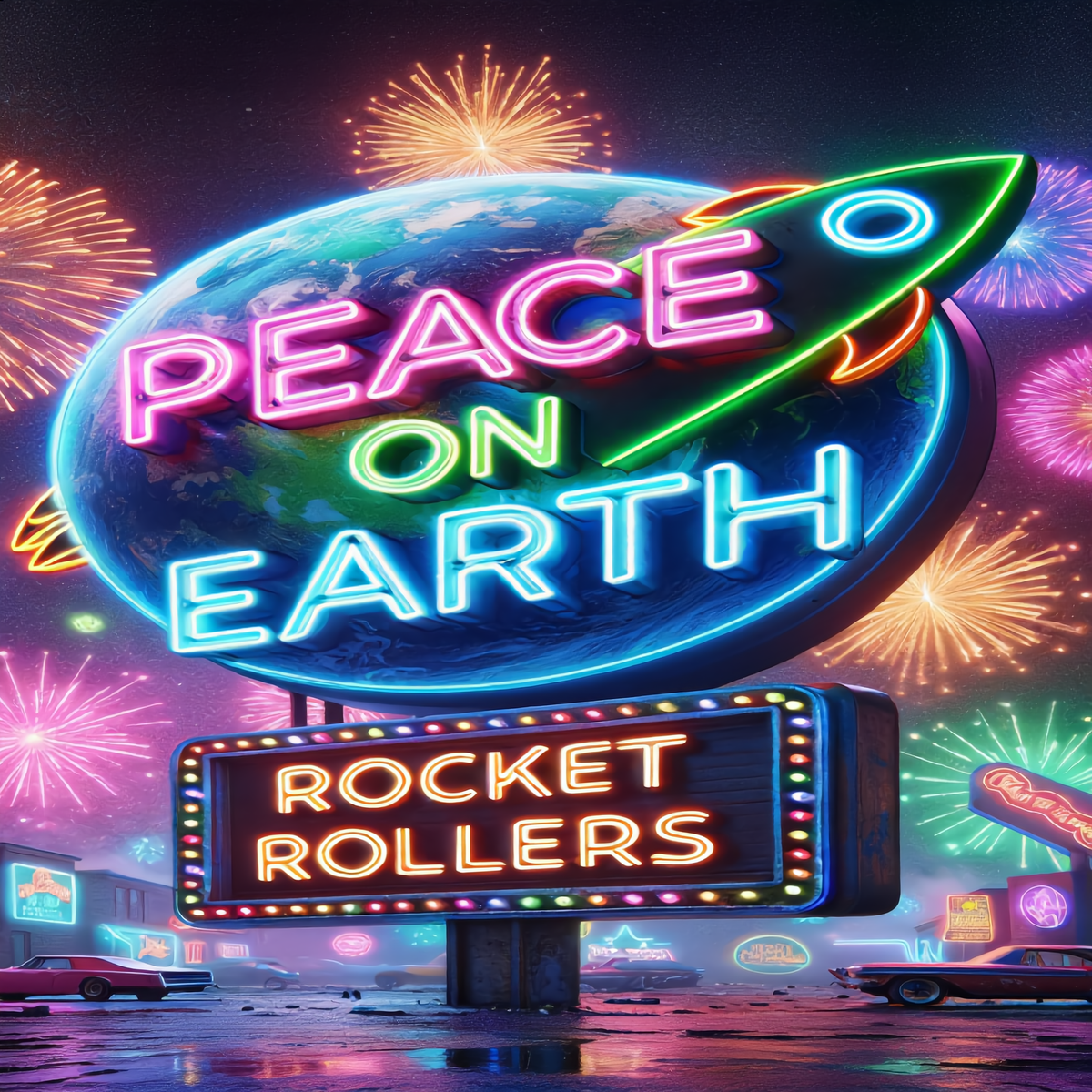 A neon sign featuring a globe with the words 'PEACE ON EARTH' in pink and blue lights, a green-and-orange rocket launching from the globe, and a lower marquee sign reading 'ROCKET ROLLERS.' The scene is set at night with fireworks bursting in the background and retro cars along the street below. Blues punk rock and roll music.
