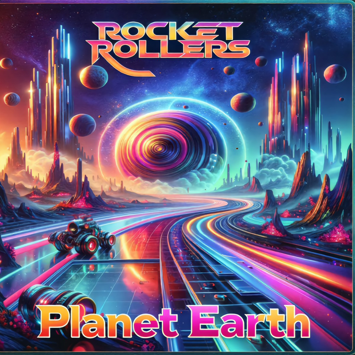 A colorful retro-futuristic alien sci-fi poster or New Age album cover with the text 'ROCKET ROLLERS' at the top and 'Planet Earth' at the bottom. The artwork shows a neon-lit sci-fi landscape with glowing tracks, futuristic spires, planets, and a large swirling portal in a starry sky. Slow dance Blues and Rock and Roll music.