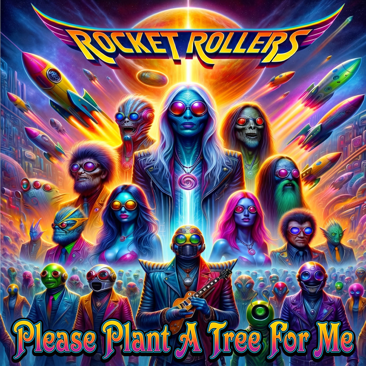 Vibrant retro-futuristic UFO  New Age album-style artwork with the text 'ROCKET ROLLERS' at the top and 'Please Plant A Tree For Me' at the bottom. The scene shows a group of colorful alien-like characters, rockets, and a bright cosmic background in neon blue, pink, orange, yellow, and purple tones. Slow dance Blues track with Rock and Roll feel. Alien musicians.