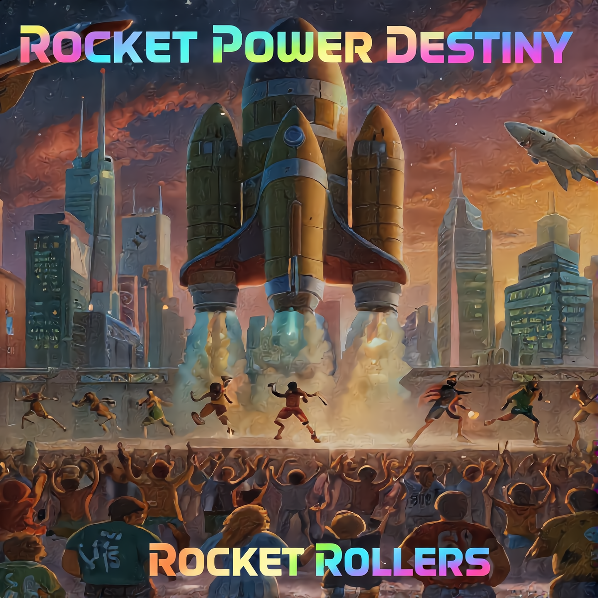 A colorful illustrated poster-style alien New Age scene with a large rocket launching in a futuristic city, a cheering crowd in the foreground, and the text 'ROCKET POWER DESTINY' at the top and 'ROCKET ROLLERS' at the bottom. Blues rock dance album.
