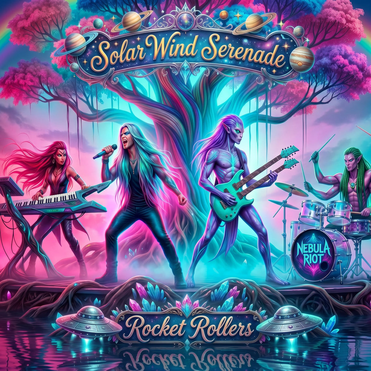 Colorful album cover for 'Solar Wind Serenade' by 'Rocket Rollers' featuring a band in a fantasy setting with trees and UFOs. Aliens are the musicians with a New Age feel. Great dance music.
