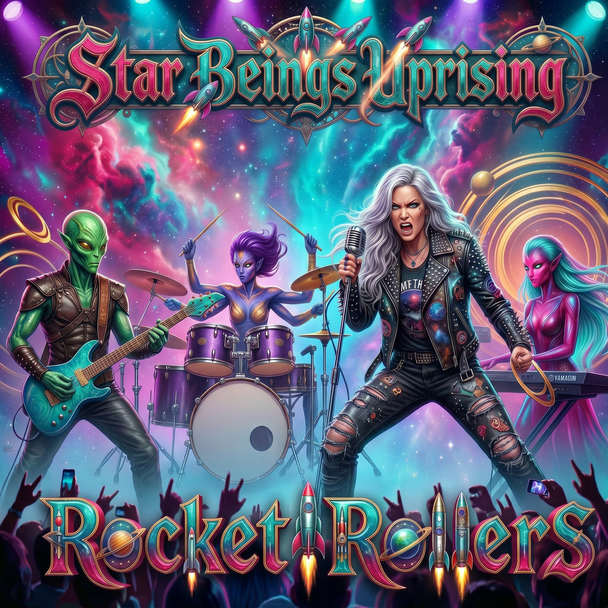 Album cover for 'Star Beings Uprising' featuring a band with alien characters and vibrant colors.