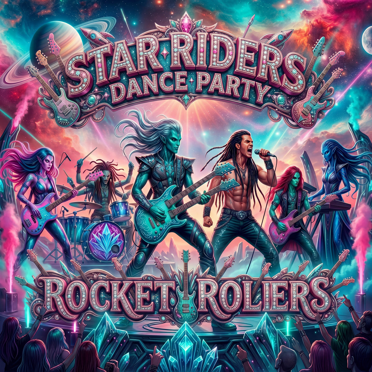 Vibrant concert poster artwork for 'Star Riders - Dance Party' featuring the band 'Rocket Rollers' performing live on stage with guitars, drums, and microphones, set against a colorful cosmic stage background with a crowd below.