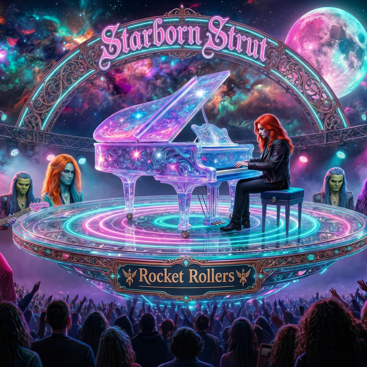 A vibrant concert-style UFO alien New Age artwork with a glowing translucent piano on a circular stage, a seated woman with red hair at the keys, two green-skinned figures flanking the stage, and a crowd in the foreground. Large text reads 'Starborn Strut' at the top and 'Rocket Rollers' on the stage plaque. Rocking Rock and Roll  dance song.