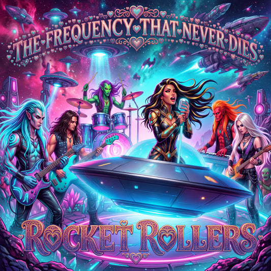 Vibrant album-style New Age artwork for 'The Frequency That Never Dies' by Rocket Rollers, showing a futuristic rock band performing on a spaceship with a UFO, neon cosmic background, and stylized illustrated figures in pink, blue, purple, and teal tones. Rock music ballad. Great dance music.